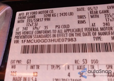 2017 Ford Escape Se from USA, damaged, VIN 1FMCU0GD3HUE07983